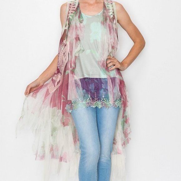 new ORIGAMI TULLE BOHO VEST WRAP wine SM-4X stunning shabby chic western floral - Picture 2 of 5